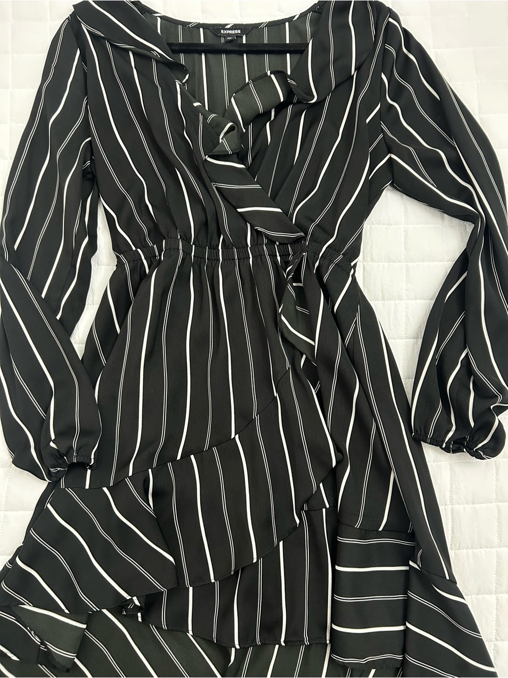 Express Black and White Long Sleeve Striped Wrap Dress